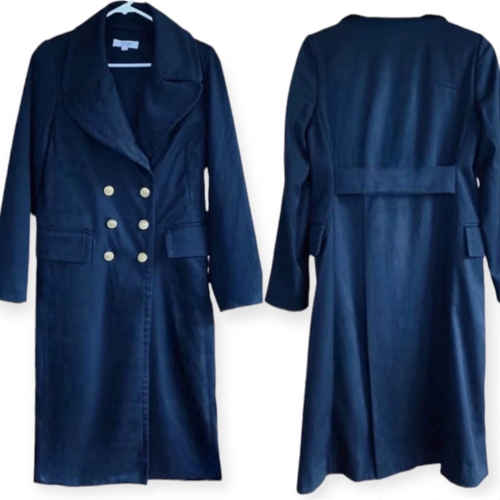 Victor Alfaro Collective Navy Blue Twill
Double Breasted Long Coat - Size Small - Picture 6 of 9